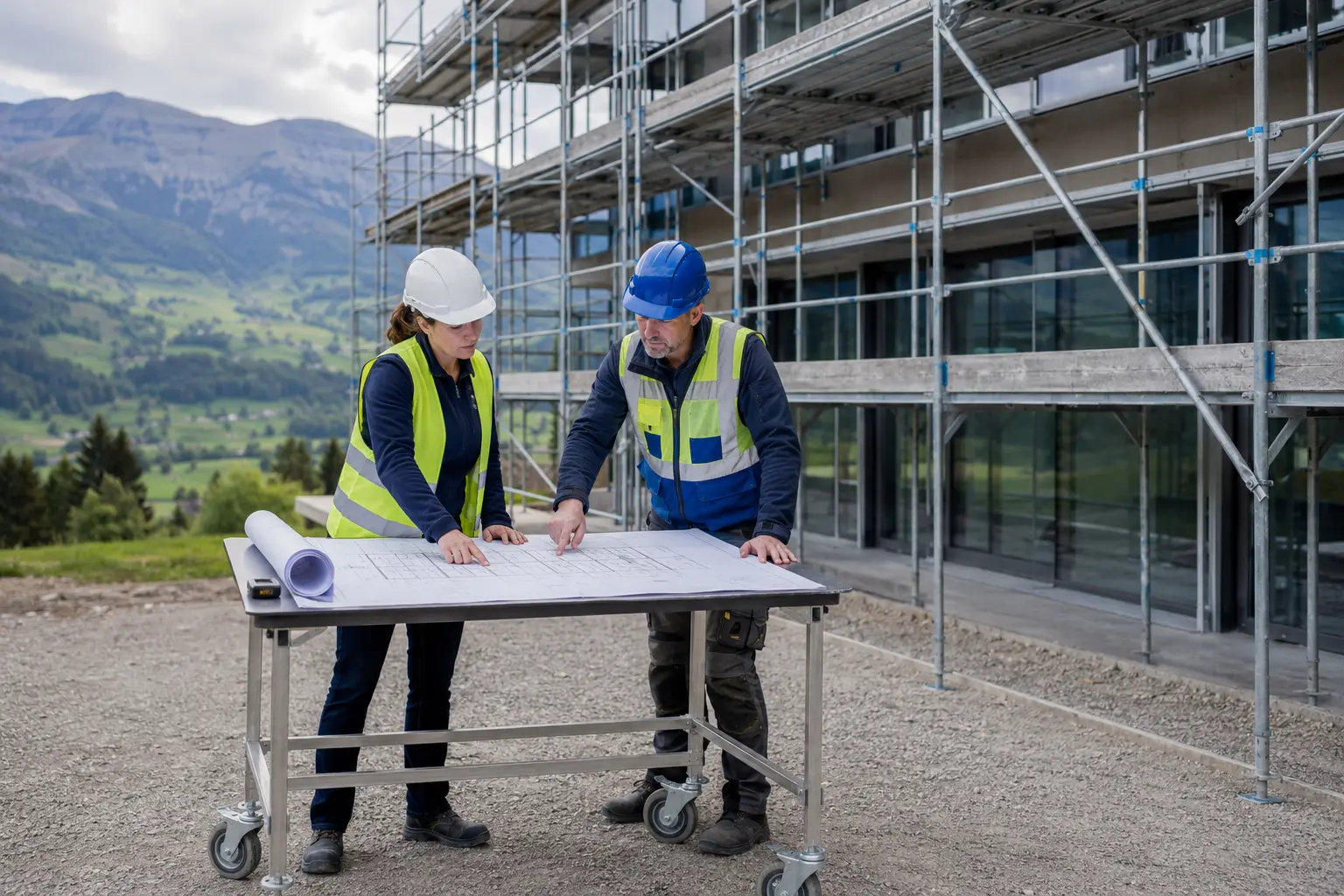 Architektin und Gerüstbau-Projektleiter prüfen Baupläne